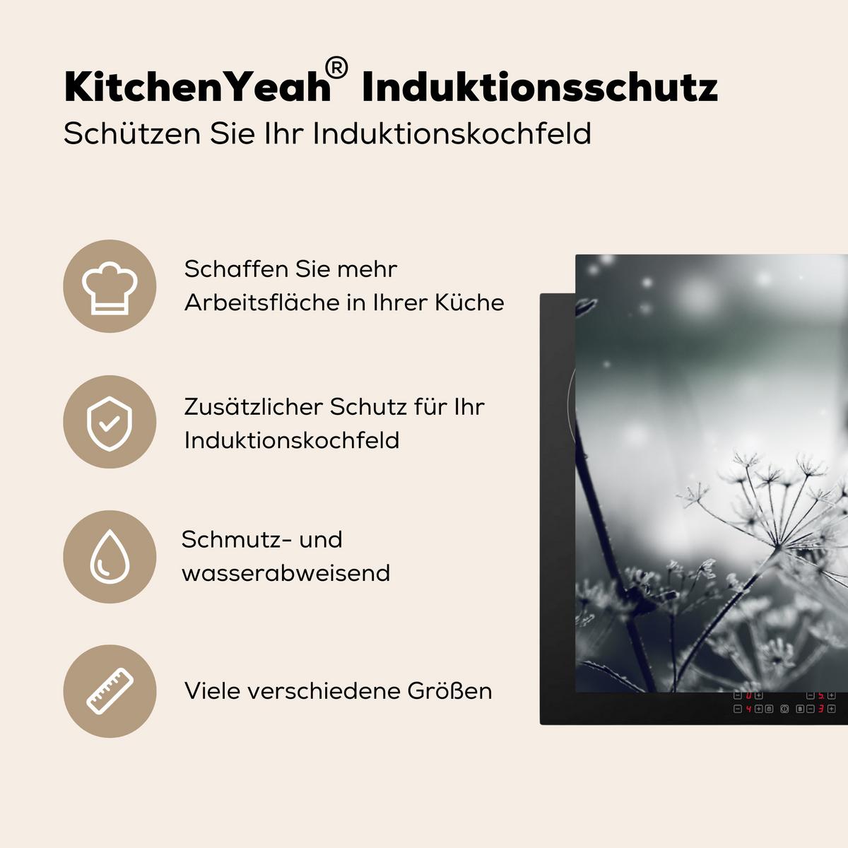 HERDABDECKPLATTE Blumen - Winter - Schnee - Natur Induktionsschutz 91.6x52.7 cm - Grau, Kunststoff (91.6/52.7/0.2cm) - MuchoWow