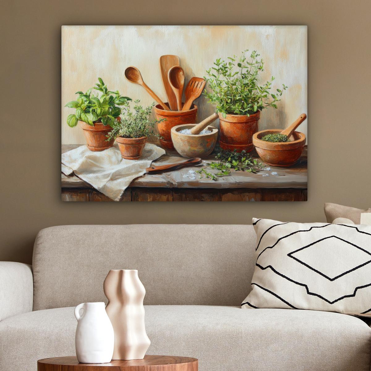 LEINWANDBILD Töpfe - Kräuter - Holz Wandbilder 80x60 cm - Terracotta, Textil (80/60cm) - MuchoWow