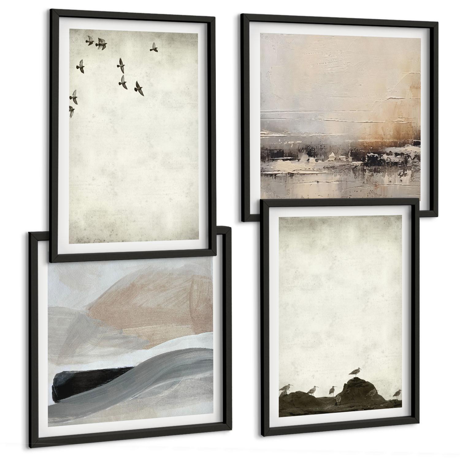 BILDER SET 4er Set - 50x50 cm & 40x60 cm Schwarzer Rahmen - Vögel, Steine, Pinselstriche, Verzierungen - Schwarz, Kunststoff (50/50cm) - TULUP