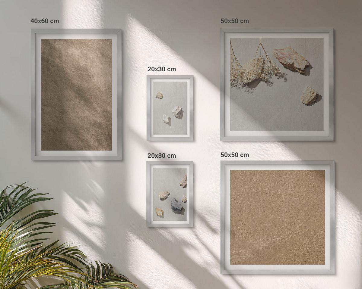 BILDER SET 5er Set - 50x50 cm & 20x30 cm & 40x60 cm Silberner Rahmen - Strandsteine natürliche Strukturen - Silberfarben, Kunststoff (40/60cm) - TULUP