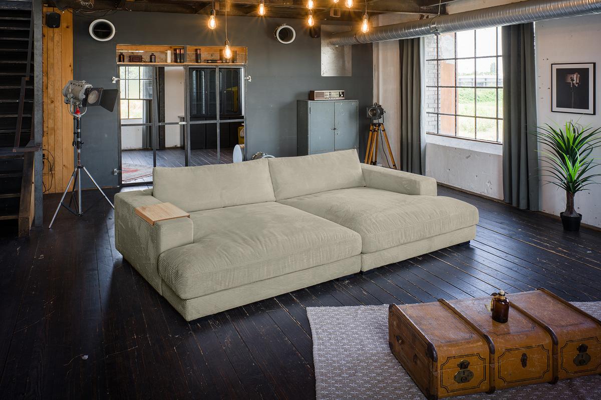 BIG SOFA XL MIT TABLETT MADELINE Steingrau Cord - Greige/Schwarz, Kunststoff/Textil (290/85/190cm) - KAWOLA