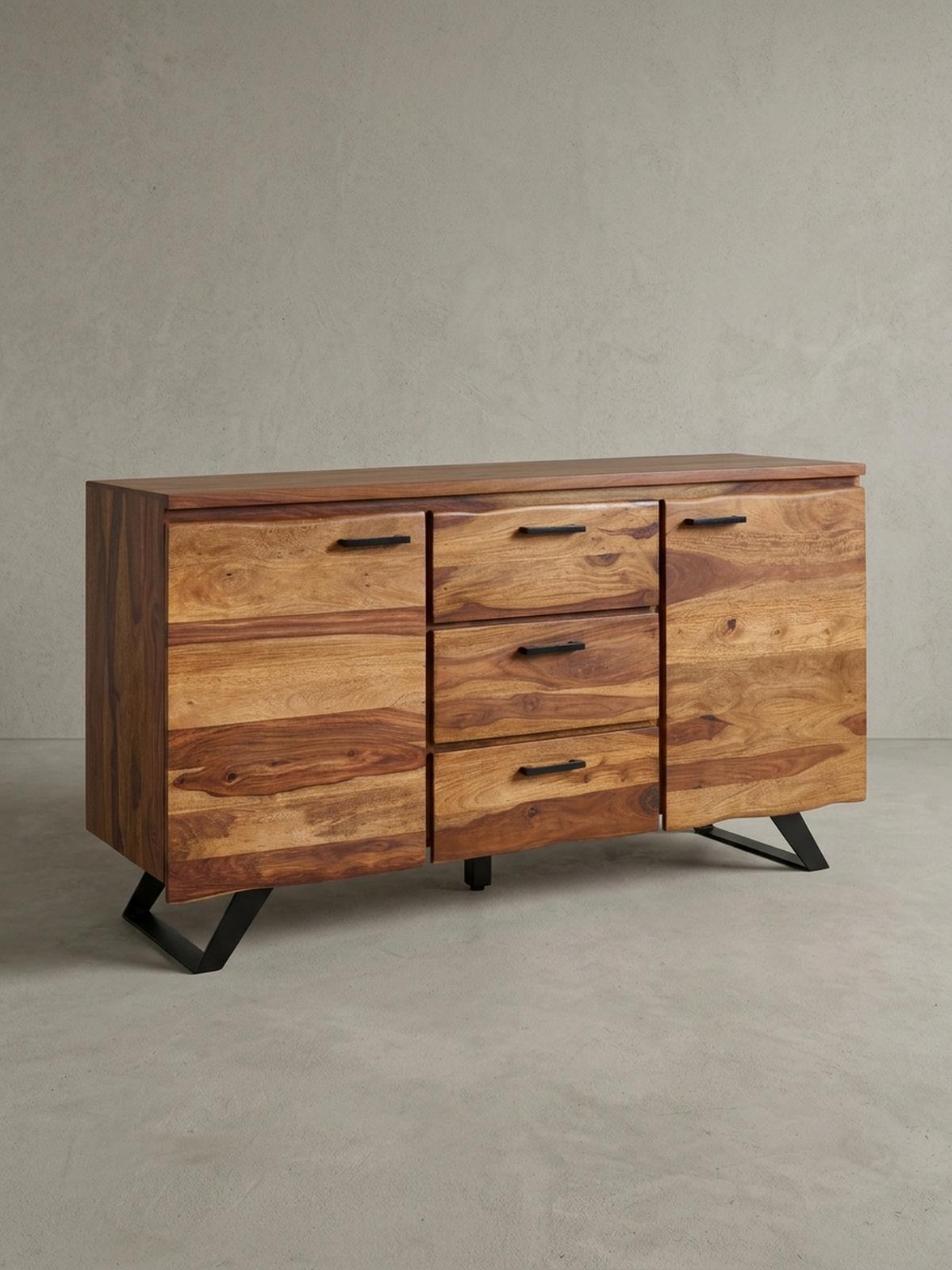 SIDEBOARD – Massivholz, 145x82x45 cm, mit Baumkante, Metallgestell - Schwarz/Braun, Holz/Metall (145/82/45cm) - KADIMA DESIGN