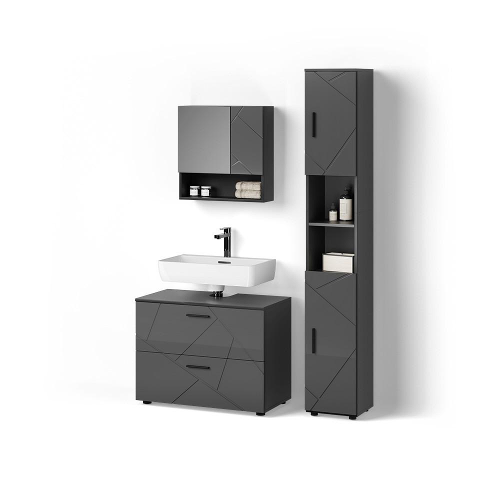 BADMÖBEL-SET Ronco Anthrazit Hochglanz 3 Teile, mit Schubladenschrank und Hochschrank - Schwarz Hochglanz, Holzwerkstoff (80/58/41cm) - Livinity®