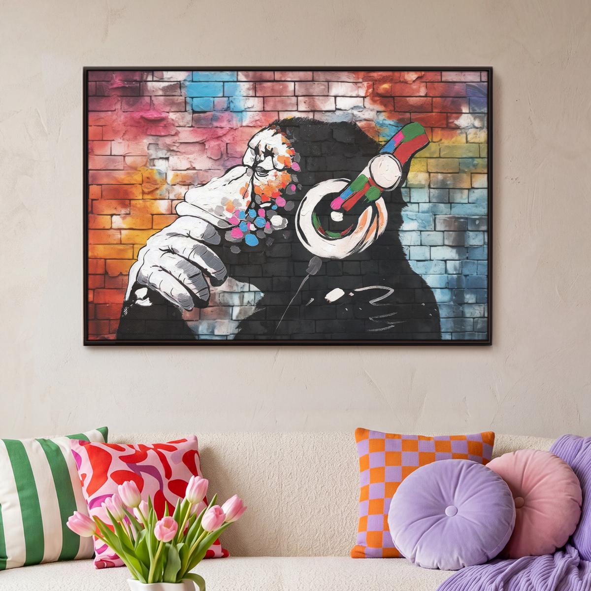 LEINWAND Bilder mit Rahmen - Affe - Graffiti - Musik - 90x60 - Multicolor, Textil (90/60cm) - MuchoWow