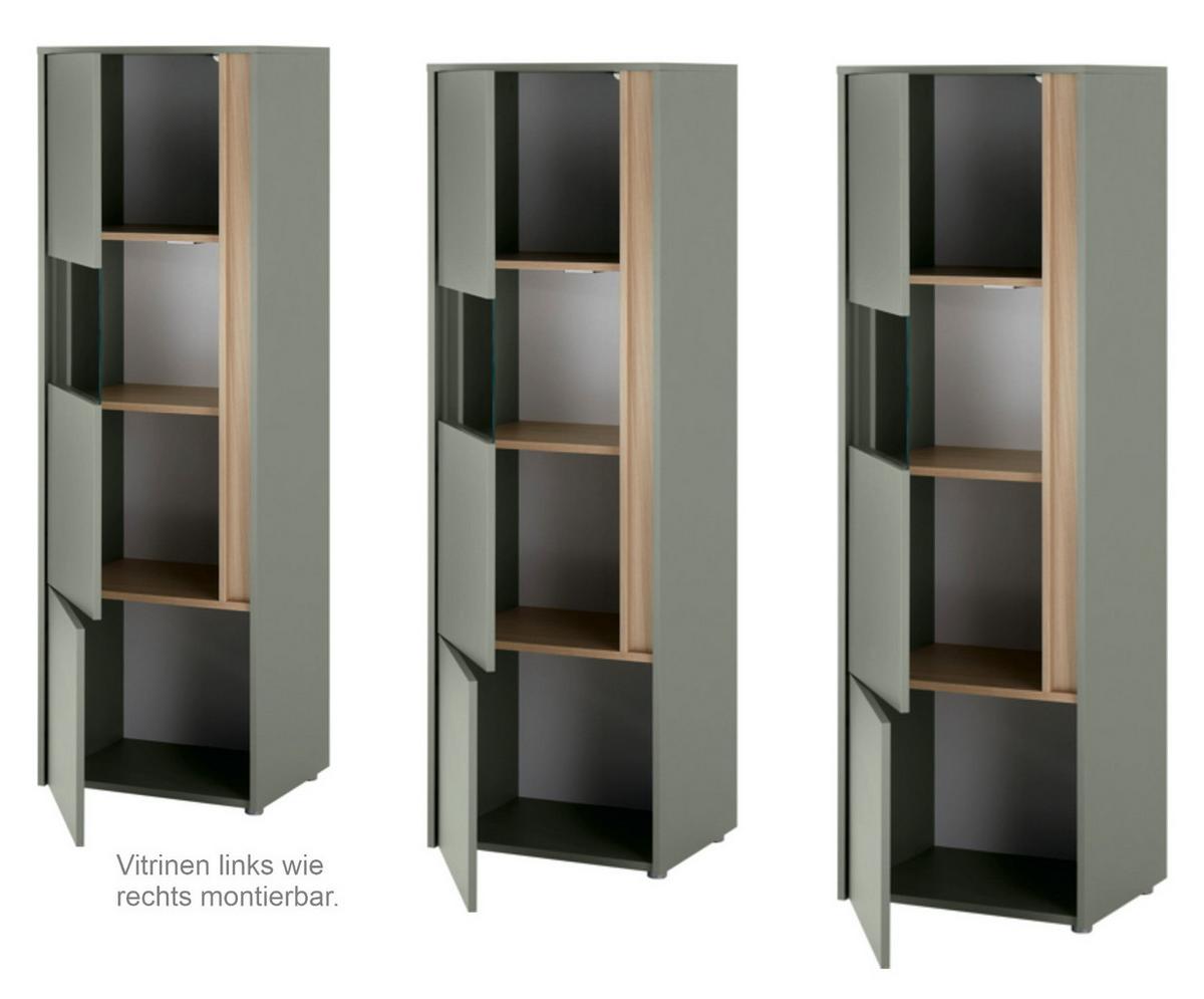 SCHRANK-SET Salbei grün, Barista Eiche 190 cm, Vitrinen-Set mit 3x Vitrine je 50x 155 cm - Salbeigrün/Eichefarben, Glas/Holzwerkstoff (190/155/40cm) - Furn.Design