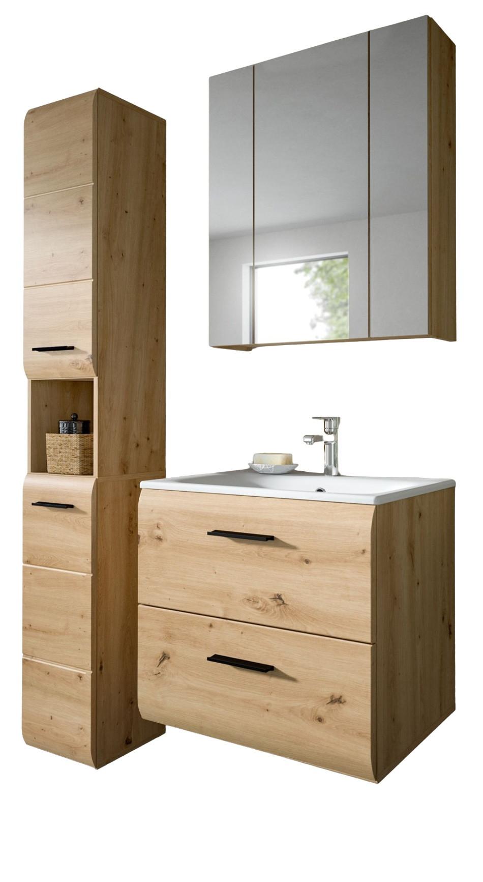 BADMÖBEL SET 3-teilig in Eiche Artisan, Bad Komplett-Set inkl. Waschbecken 105 x 185 cm - Schwarz/Eiche Artisan, Glas/Keramik (105/185/30cm) - Inn.Furn
