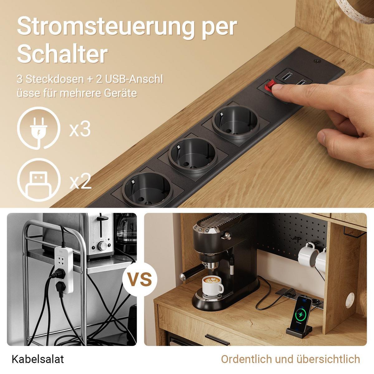 KÜCHENHOCHSCHRANK mit Aufbewahrung und Steckdosen FSB98-L-E-N - Naturfarben, Holzwerkstoff (100/170/40cm) - SoBuy