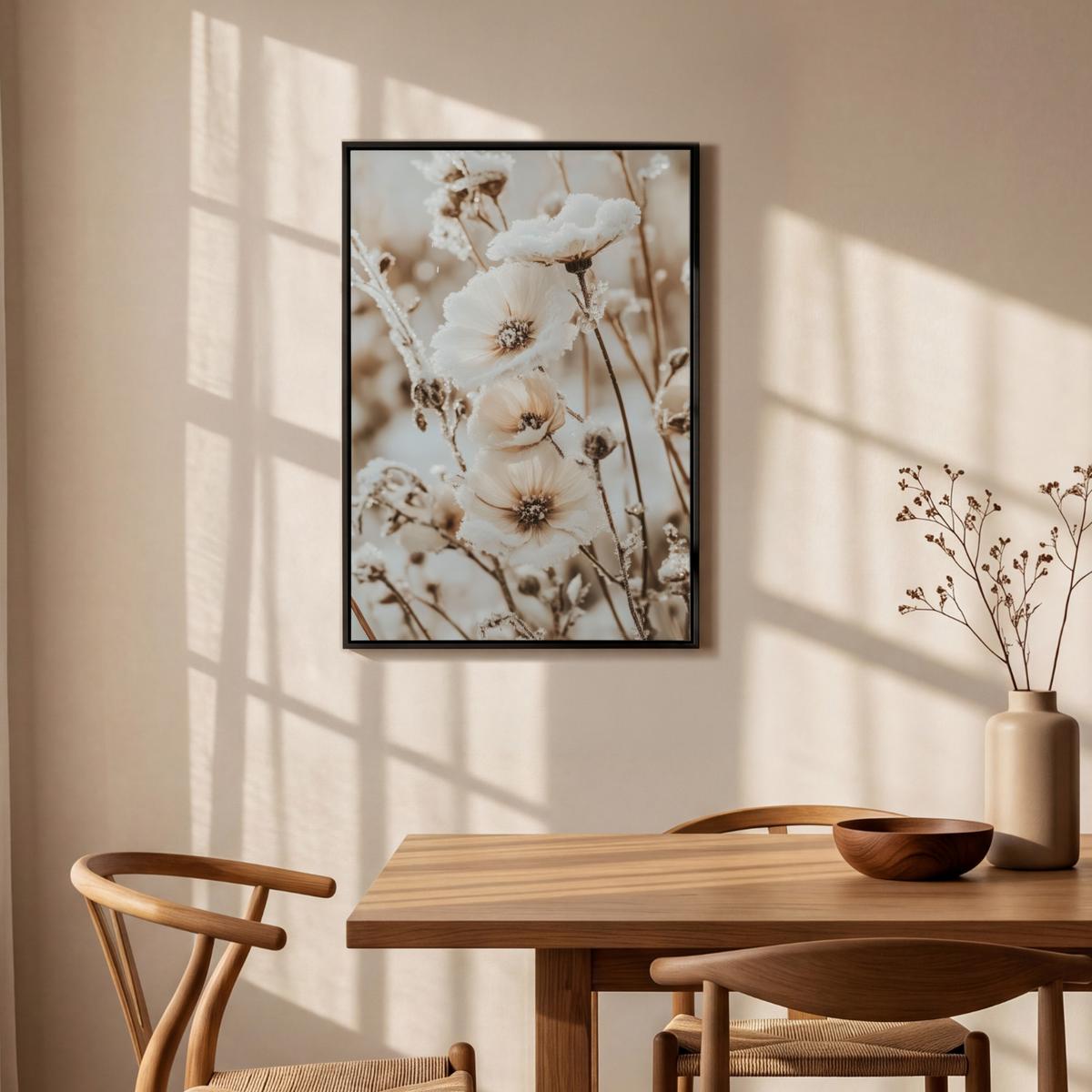 LEINWAND Bilder mit Rahmen - Blumen - Winter - Weiß - Schnee - Beige - 60x90 - Creme, Textil (60/90cm) - MuchoWow