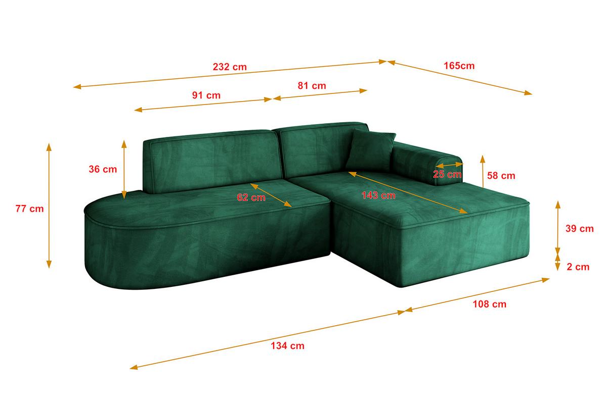 ECKSOFA Ottomane Rechts IREA-L1-v3 - 232x165x77 cm Grün - Dunkelgrün, Holzwerkstoff/Textil (232/165cm) - ALTDECOR
