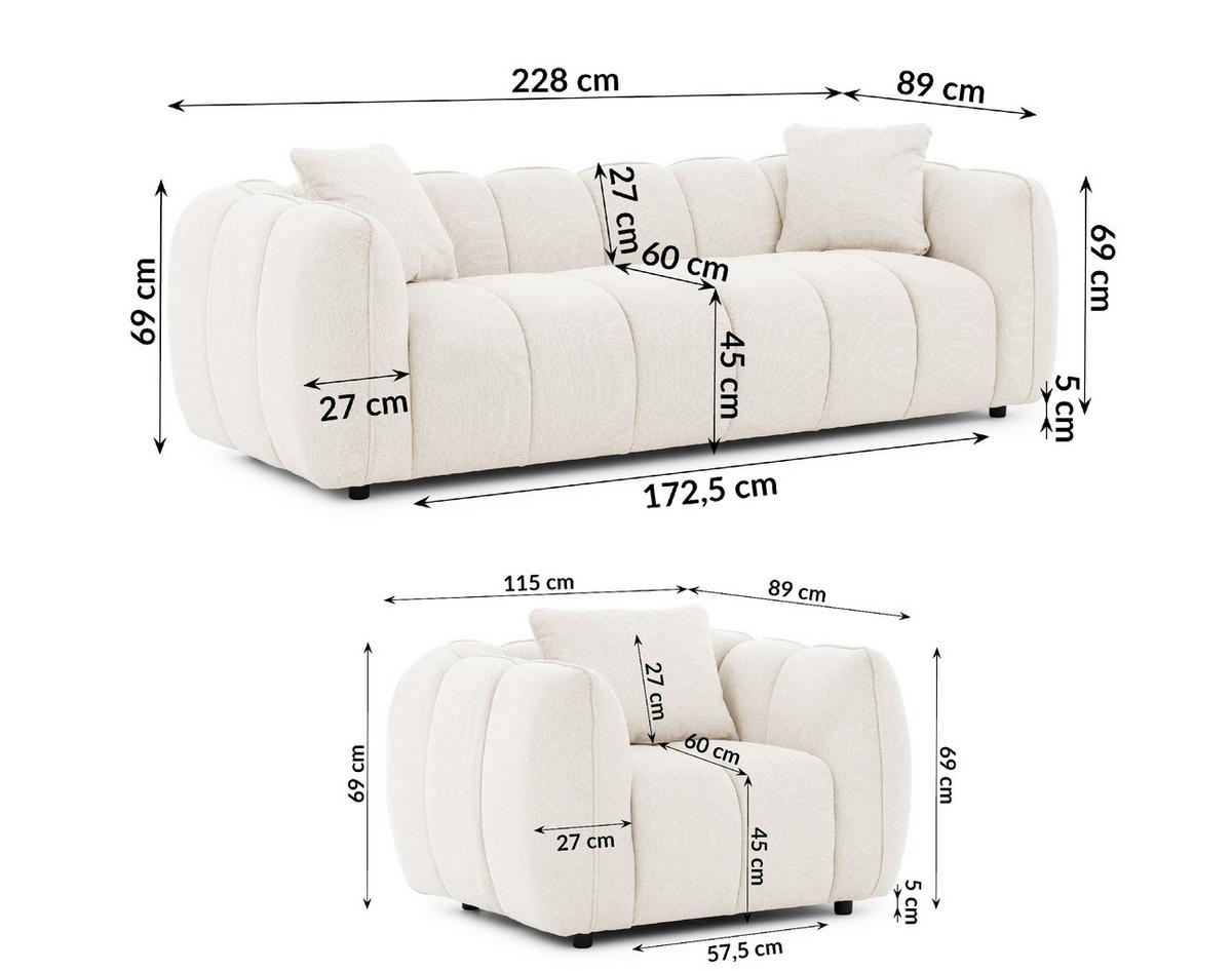 SITZGARNITUR 3+1 Nubira in tief gesteppter Bubble-Optik aus weichem Creme Strukturstoff im modernen Design - Creme/Schwarz, Holz/Kunststoff (228/69/89cm) - S-Style Möbel