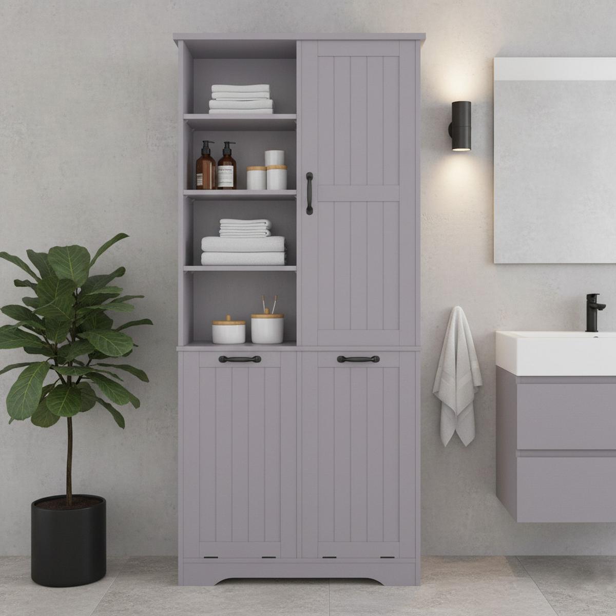 HOCHSCHRANK (Bad) Grau mit Doppel-Wäschekorb - Grau, Holzwerkstoff (78/173/35cm) - Urban Meuble