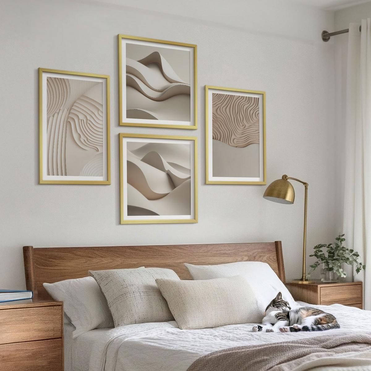 BILDER SET 4er Set - 50x50 cm & 40x60 cm Goldrahmen - Abstrakte Wellen auf dem Sand - Goldfarben, Kunststoff (50/50cm) - TULUP