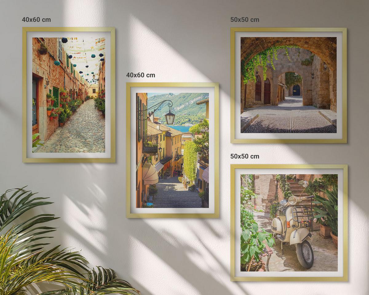 BILDER SET 4er Set - 50x50 cm & 40x60 cm Goldrahmen - Charmante Straßen und Pizza - Goldfarben, Kunststoff (50/50cm) - TULUP