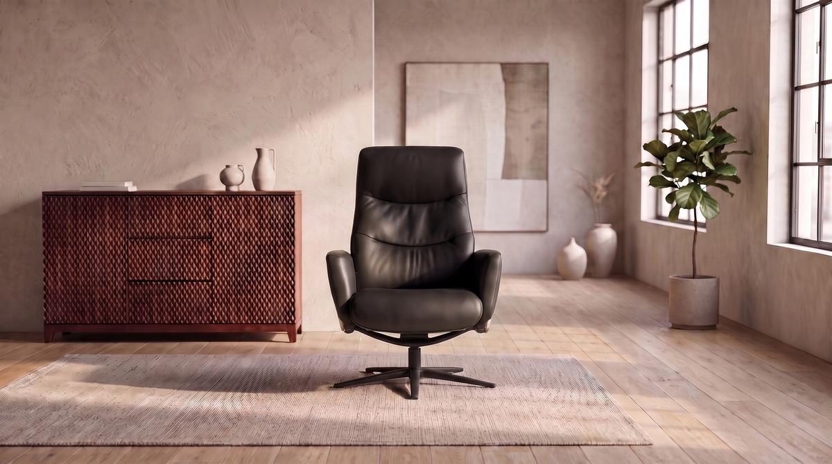 RELAXSESSEL VANITAS Schwarz Leder Relaxfunktion - Schwarz, Leder/Metall (75/108/86cm) - KAWOLA