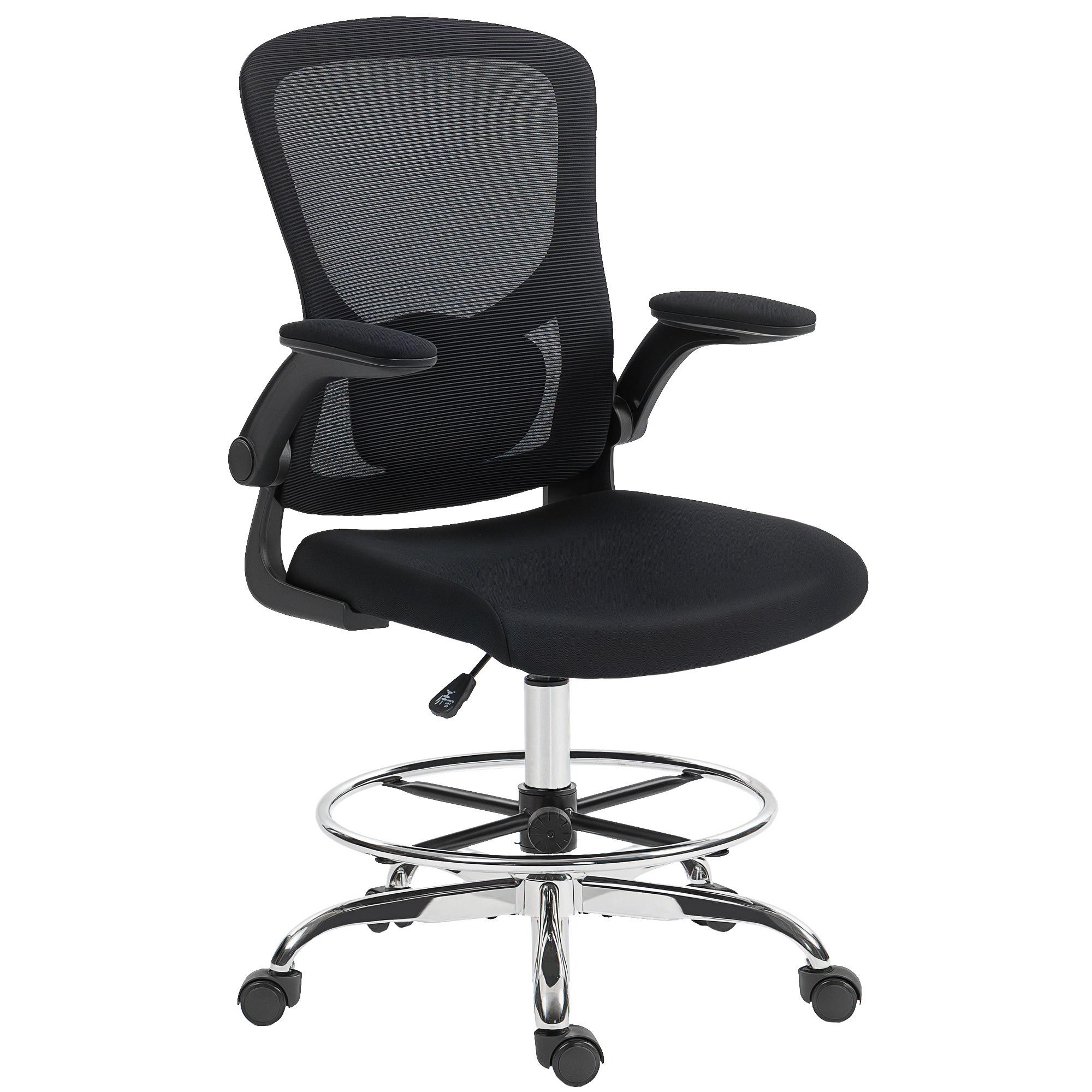 BÜROSTUHL mit Hochklappbar Armlehne Verstellbarer Fußring und 4D-Lendenstütze - Schwarz, Kunststoff/Textil (60/132/60cm) - HOMCOM