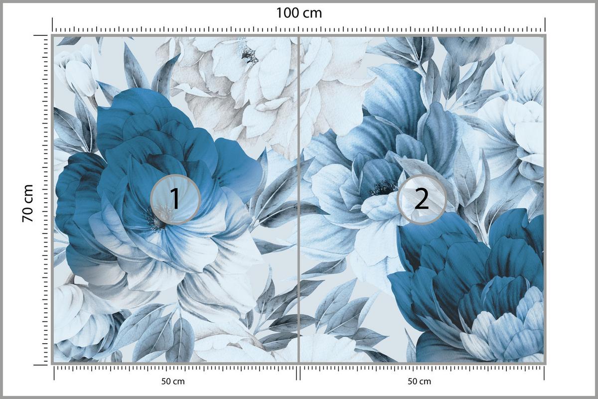 FOTOTAPETE für Wohnzimmer Blaue Pfingstrosen Zart Blumen Boho 100x70 - Blau/Weiß, Papier (100/70cm) - Muralo