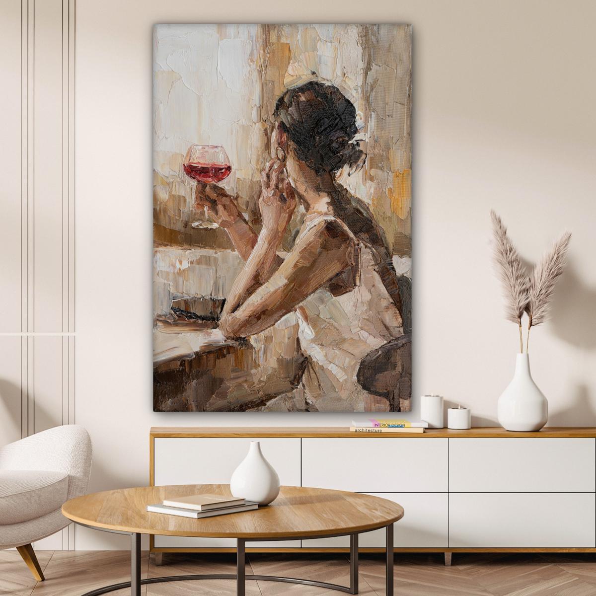LEINWANDBILD Ölgemälde - Frau - Wein Deko XXL 80x120 cm - Hellbraun, Textil (80/120cm) - MuchoWow