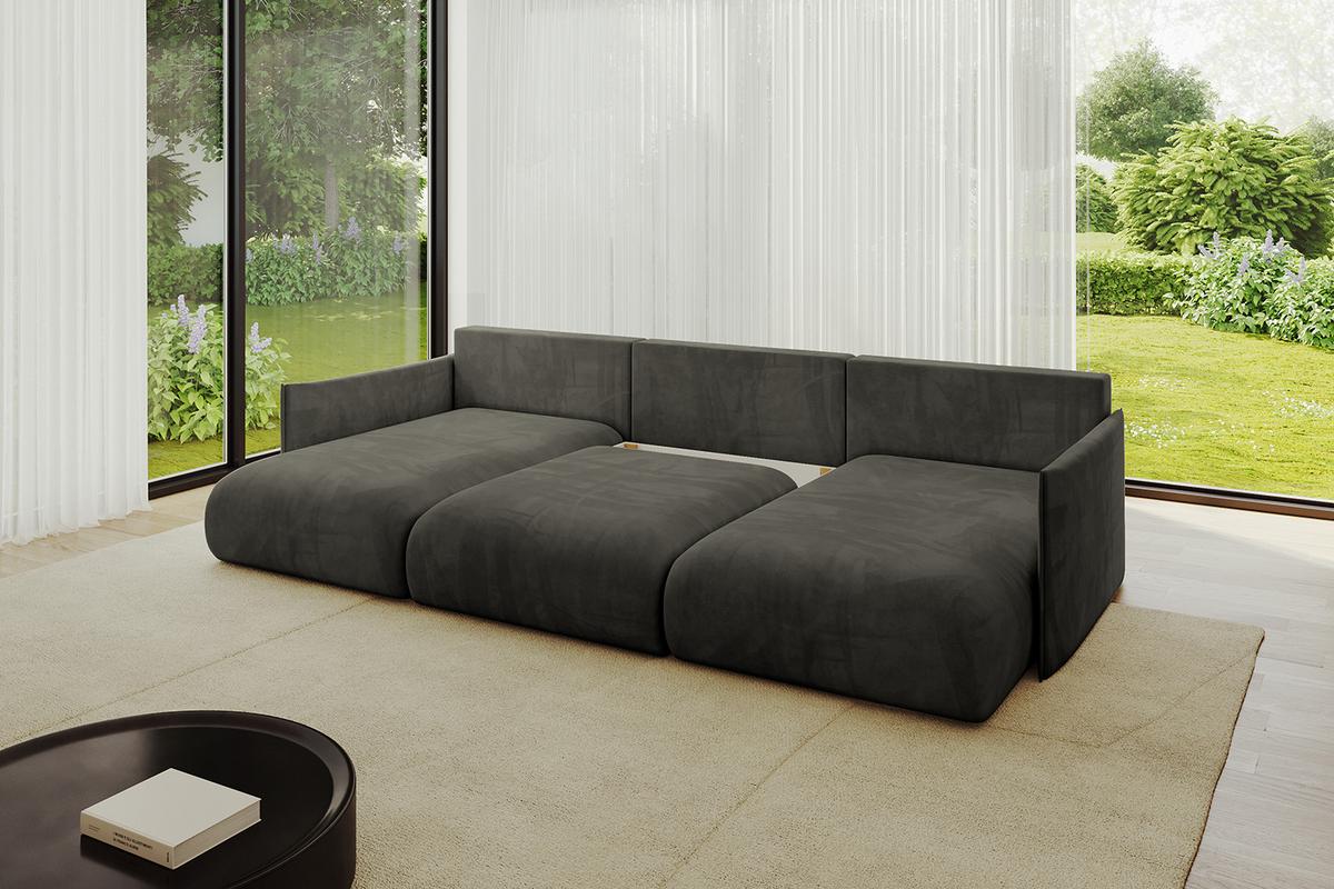 WOHNLANDSCHAFT mit Schlaffunktion und Bettkasten ONESK-U 317x177x72 Schwarz Velours - Schwarz, Holzwerkstoff/Kunststoff (317/72/177cm) - ALTDECOR