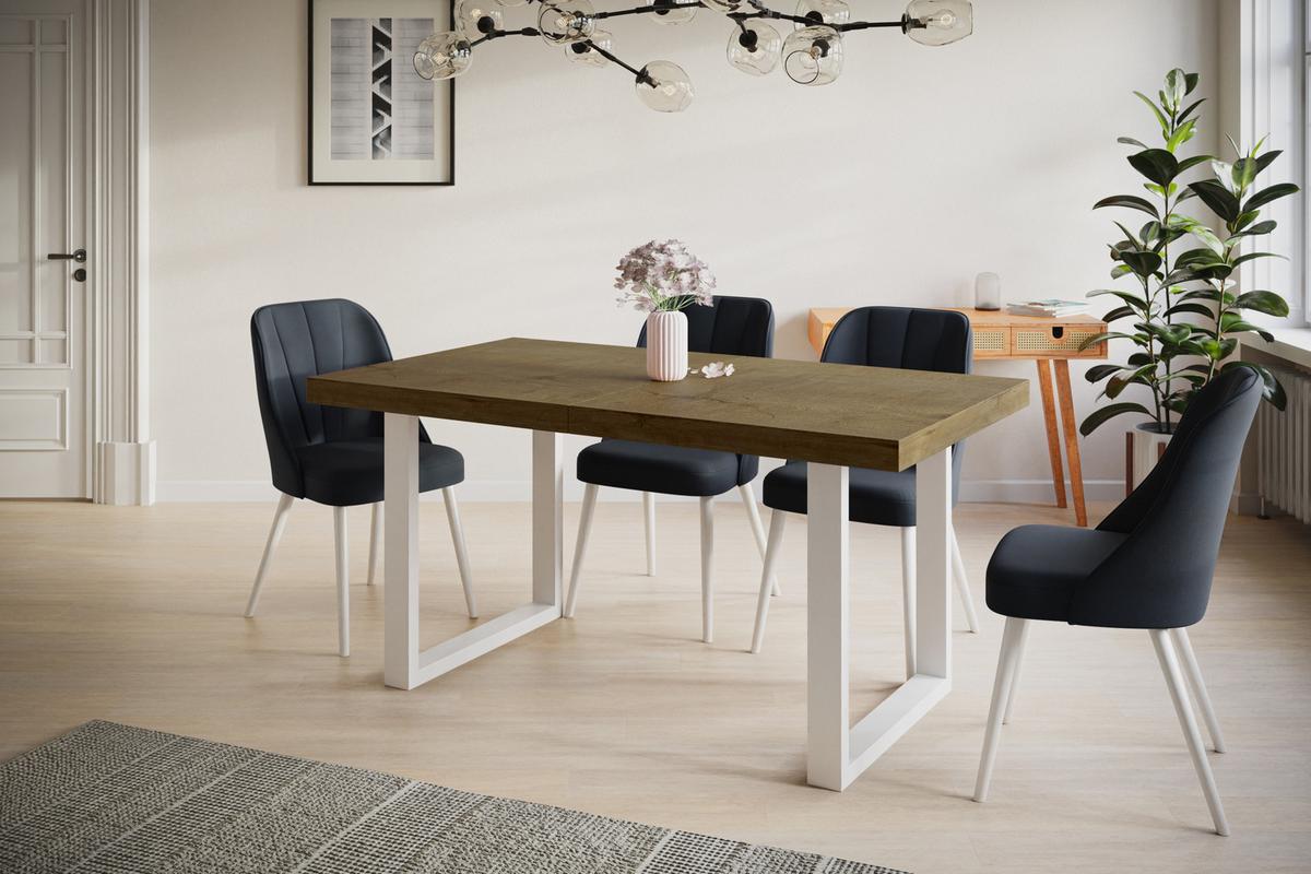 INDUSTRIELLER Esszimmertisch LOFT-U, ausziehbarer Tisch, Größe: 140-240X80X77 cm, Wohnzimmertisch Farbe: LEFKAS, mit Metallbeinen in Farbe Weiß - Dunkelbraun/Weiß, Holzwerkstoff (140/80/77cm) - Alpi-Möbel