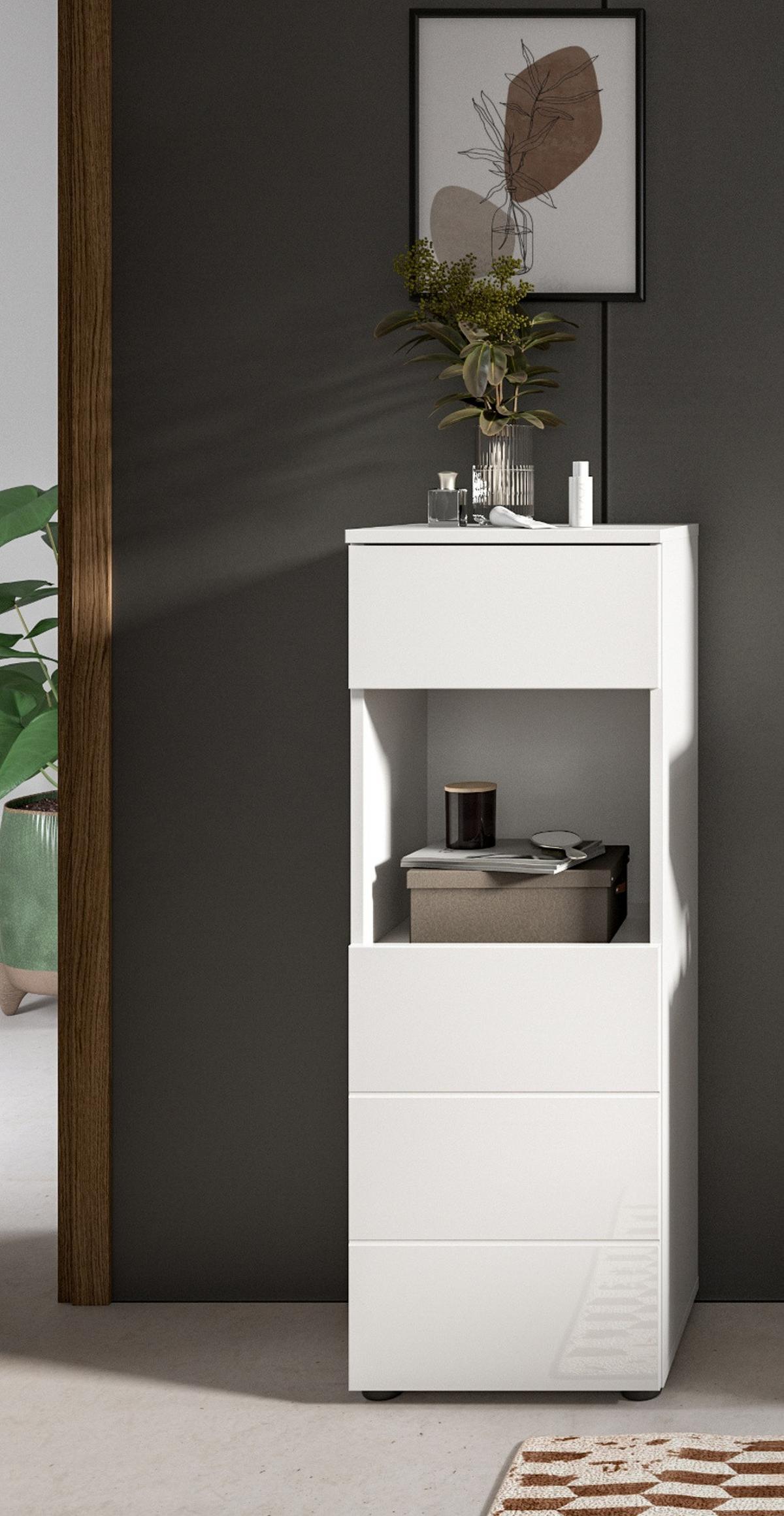 BADSCHRANK weiß Hochglanz 38 x 106 cm, Badezimmer Kommode mit Schubkasten - Weiß Hochglanz/Schwarz, Holzwerkstoff/Kunststoff (38/106/34cm) - Inn.Furn