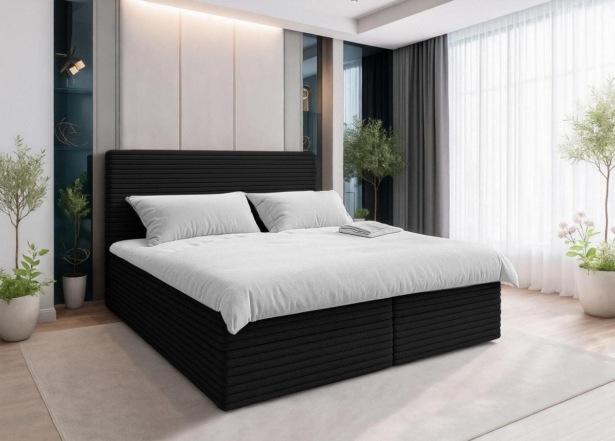 BOXBETT SEVDAYLA 140x200 cm mit Bettkasten und Matratze - Schwarz + TOPPER - Schwarz, Holz/Holzwerkstoff (140/200cm) - AX Living