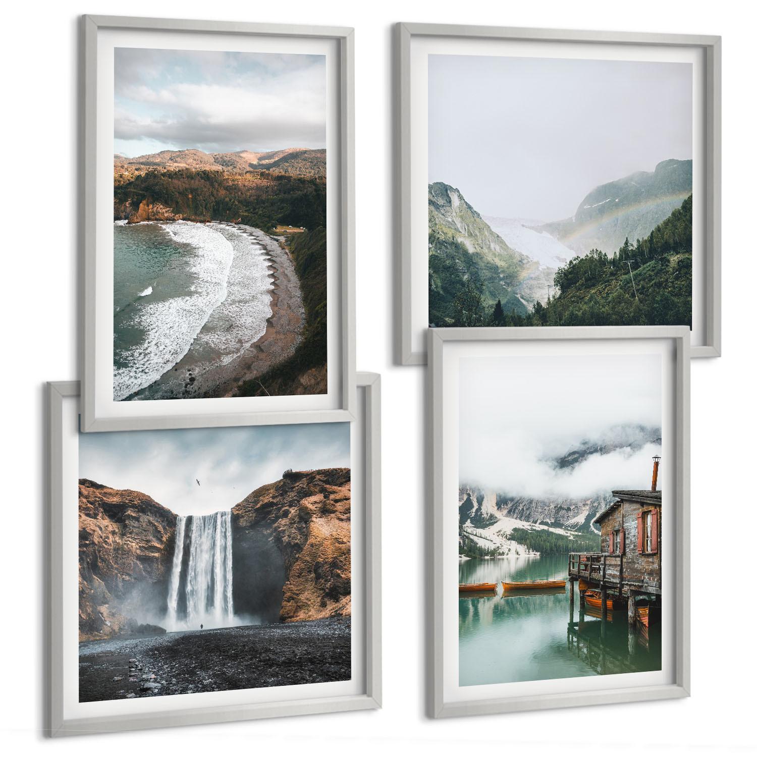 BILDER SET 4er Set - 50x50 cm & 40x60 cm Silberner Rahmen - Bergstrände Wolken Wasser - Silberfarben, Kunststoff (50/50cm) - TULUP