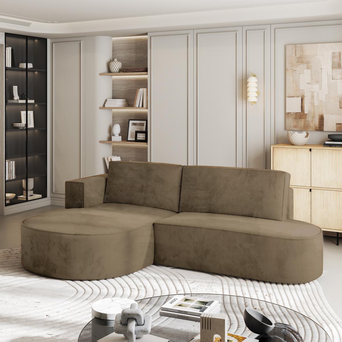 ECKSOFA CORTIO M L-S Beige Velours-Stoff mit Schlaffunktion - Beige/Grau, Holz/Kunststoff (265/174cm) - MASSENO