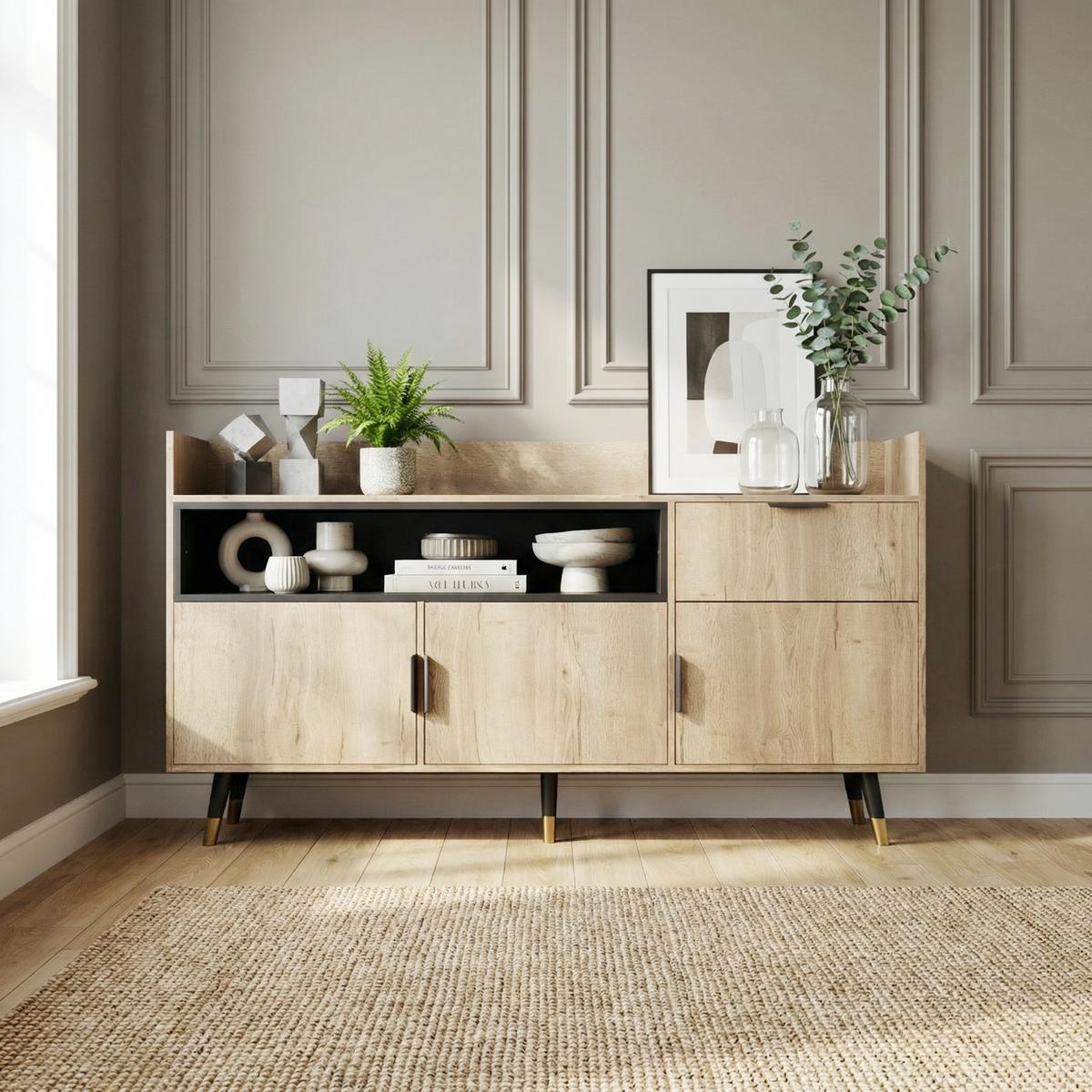SIDEBOARD 160 cm Naturholz & Schwarz mit offenem Regal, Schublade & Türen im modernen Stil - Naturfarben, Holzwerkstoff (160/82/35cm) - Urban Meuble