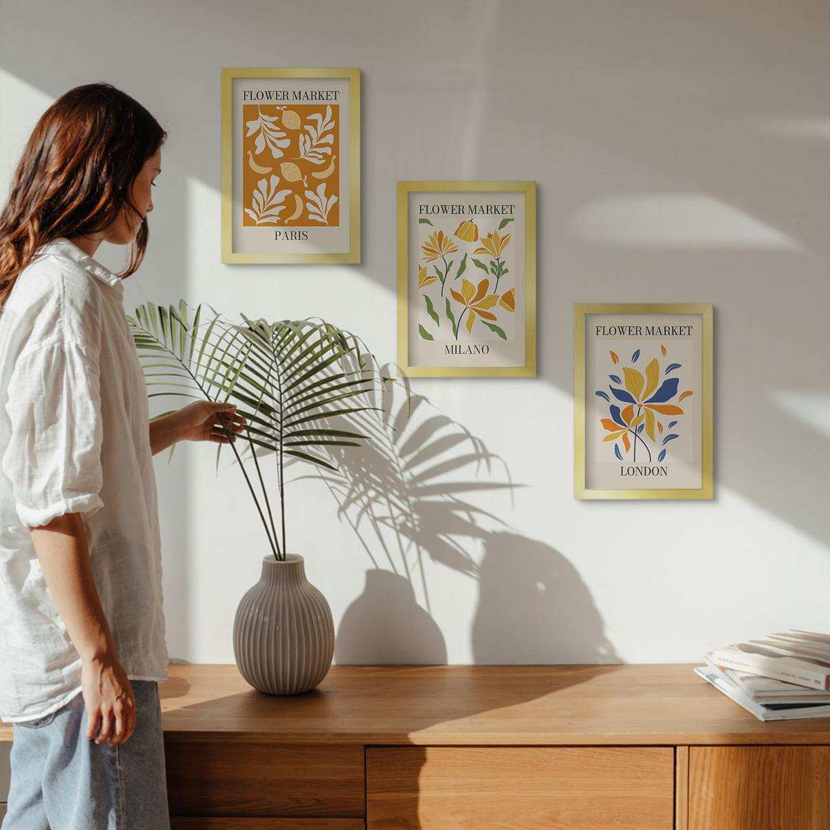 BILDER SET 3er Set - 20x30 cm Goldrahmen - Blumenposter Paris Mailand London - Goldfarben, Kunststoff (20/30cm) - TULUP