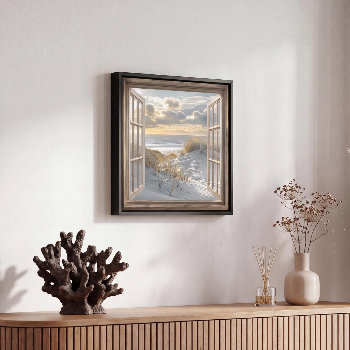 LEINWAND Bilder mit Rahmen - Ausblick - Strand - Dünen - Meer - Natur - 20x20 - Sandfarben, Textil (20/20cm) - MuchoWow