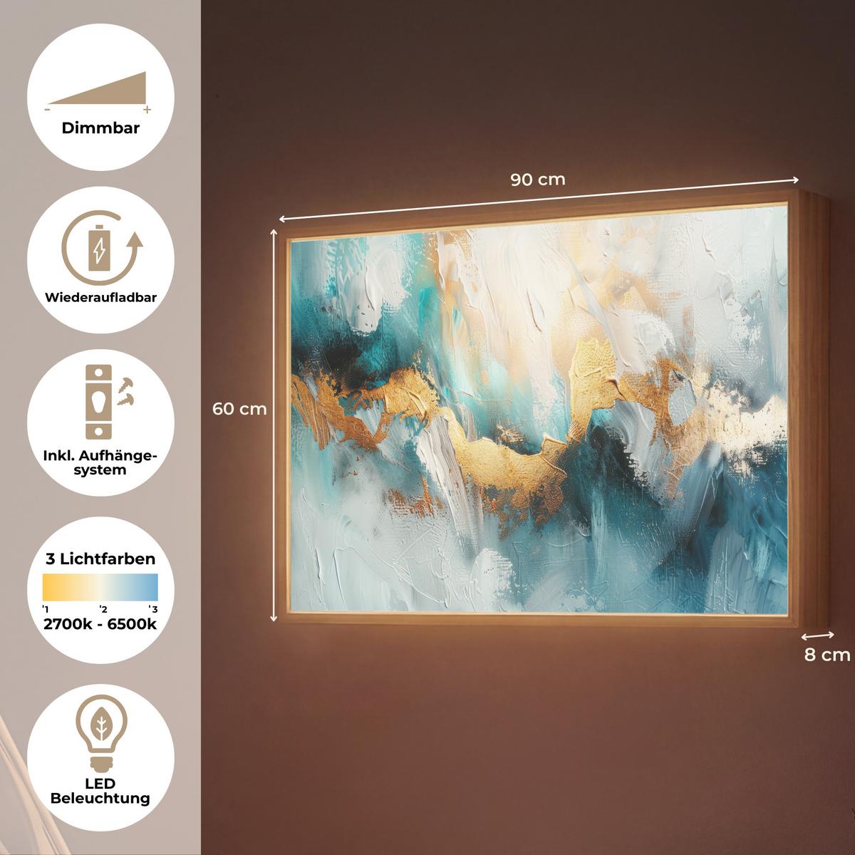 WANDLEUCHTE MIT AKKU Abstrakt - Kunst - Gold - Blau 90x60 cm - Türkis, Holzwerkstoff (90/60/8cm) - OnlyWow
