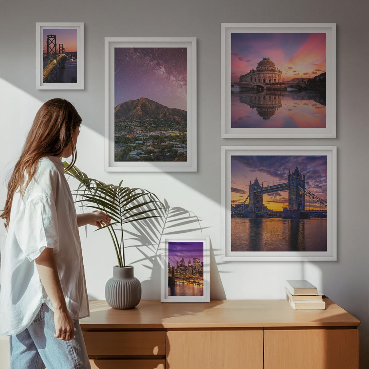 BILDER SET 5er Set - 50x50 cm & 20x30 cm & 40x60 cm Weißer Rahmen - Brücken, Sonne, Stadtblick - Weiß, Kunststoff (40/60cm) - TULUP