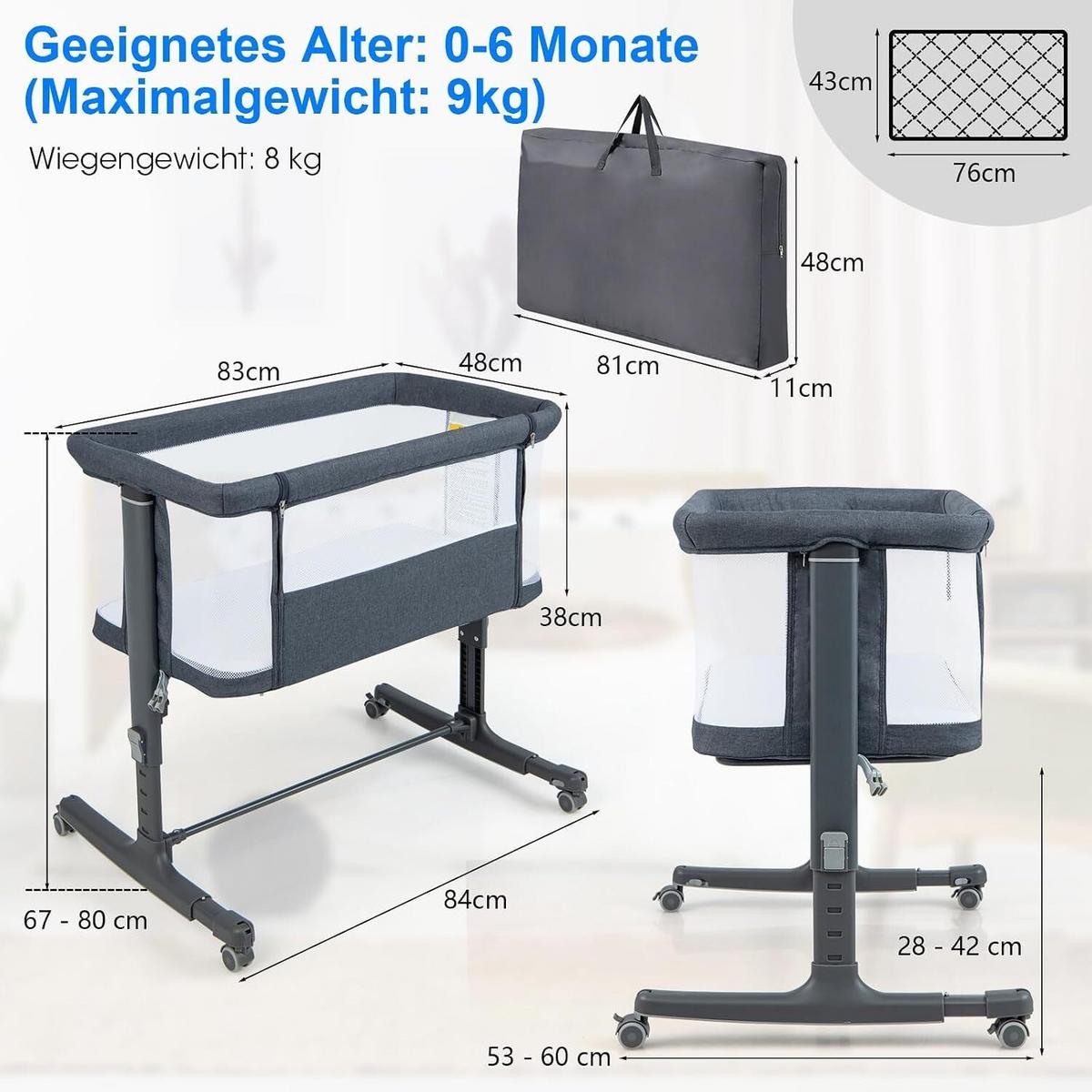 BABYWIEGE mit Matratze dunkelgrau - Dunkelgrau, Textil - COSTWAY
