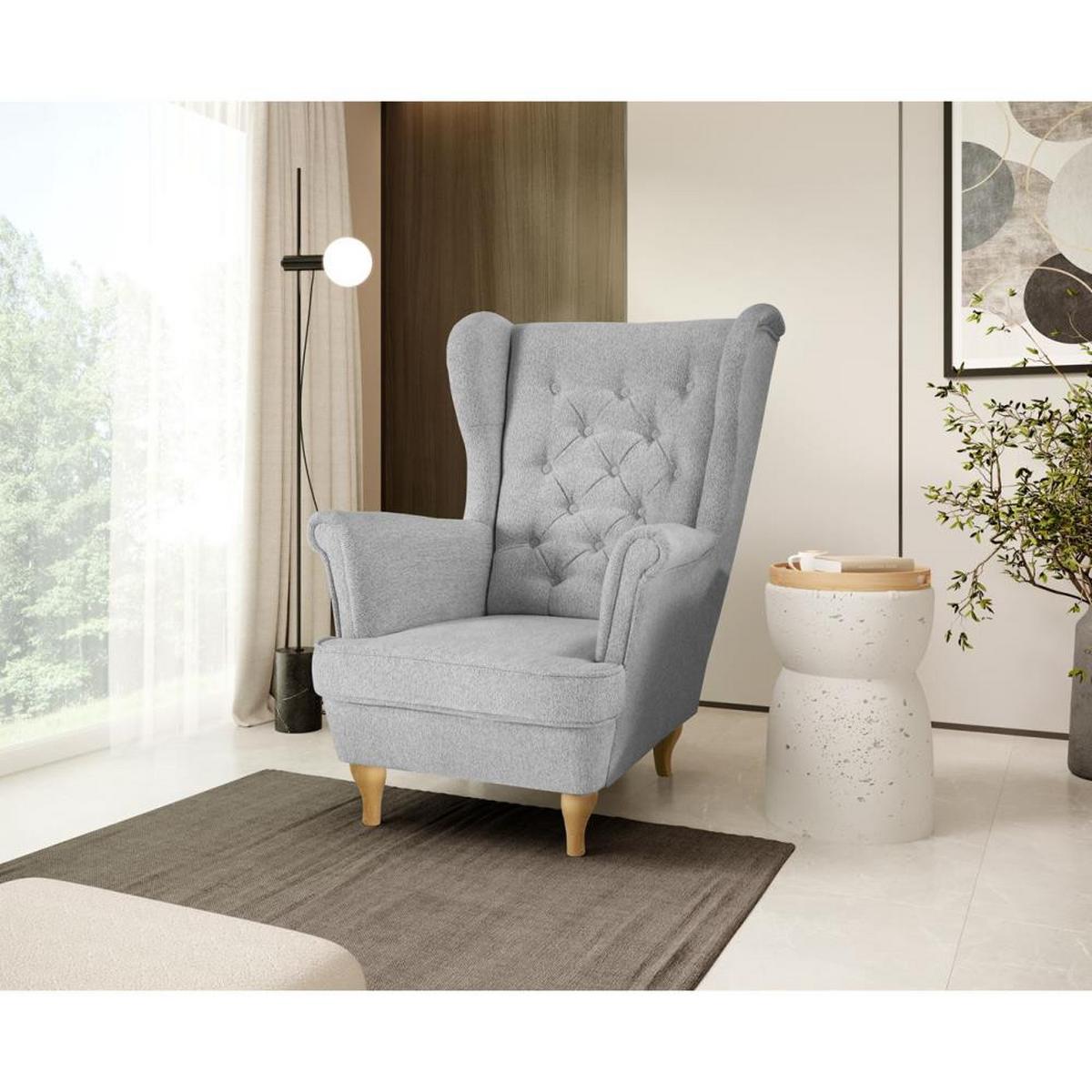 CHESTERFIELD-SESSEL Falco hellgrau mit Buche Holzbeinen - Hellgrau, Holz/Textil (82/102/92cm) - Beautysofa