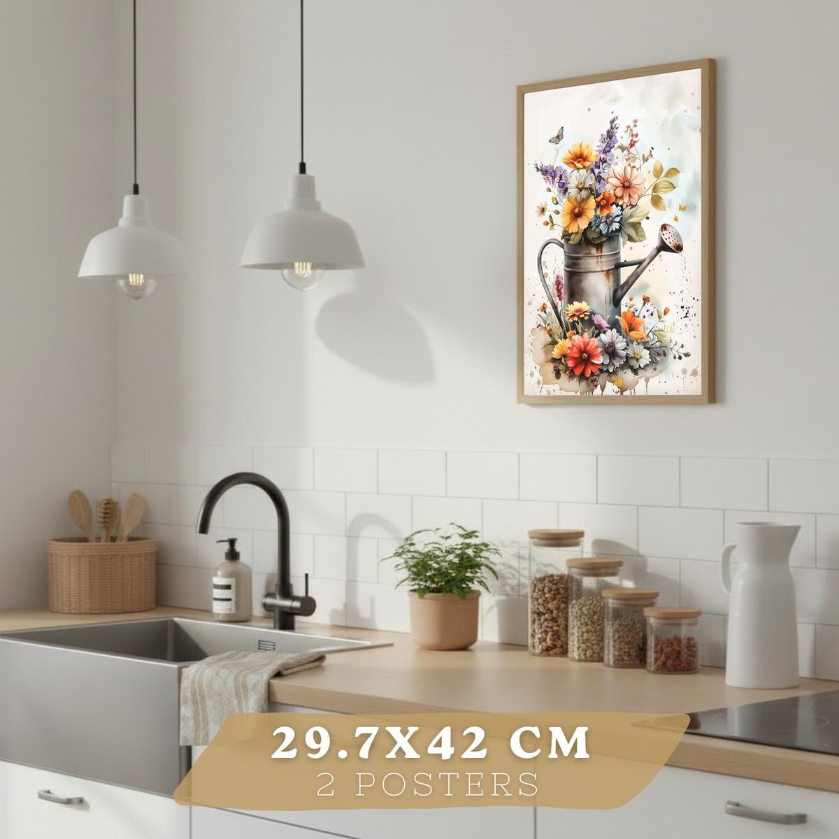 POSTER 2er Set Blumen-Wandbilder Rosen in Vase Botanisches Aquarell Bunt Küche Wohnzimmer Wanddeko Rahmenlos A3 - Beige, Papier (29.7/1/42cm) - Nacnic