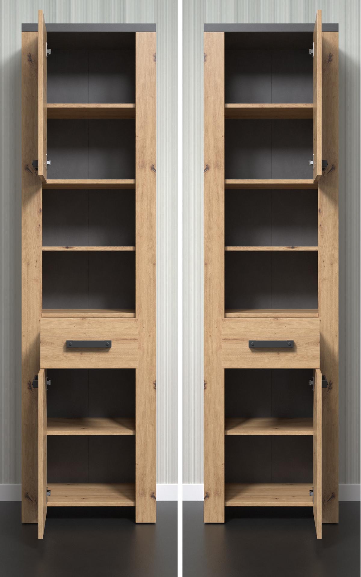 HOCHSCHRANK Eiche Artisan, grau 53 x 196 cm, Badschrank mit 6 Fächern und Vollauszug - Eichefarben/Schwarz, Holzwerkstoff/Kunststoff (53/196/35cm) - Top.Furn
