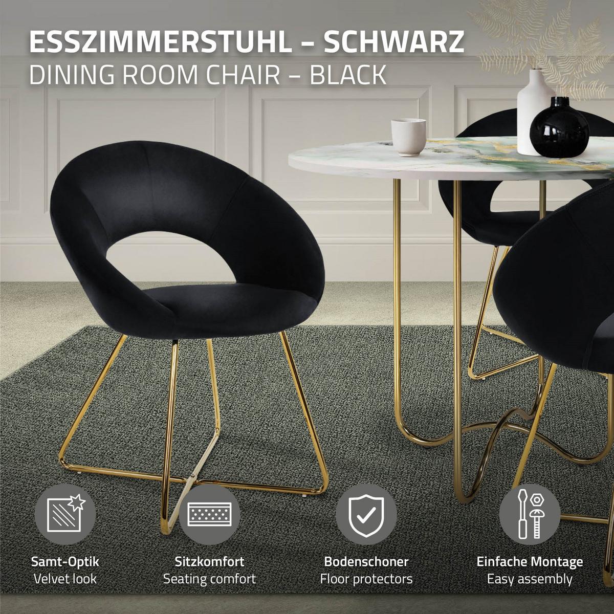 ESSZIMMERSTUHL Schwarz Samt - Goldfarben/Schwarz, Metall (53/77/64cm) - ML-DESIGN