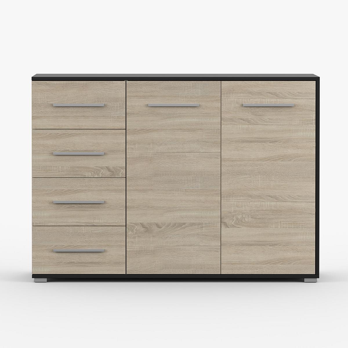KOMMODE Frida 01 2D4S Schwarz/Sonoma 135 cm - Alufarben/Schwarz, Holzwerkstoff/Kunststoff (135/95/45cm) - imoebel24