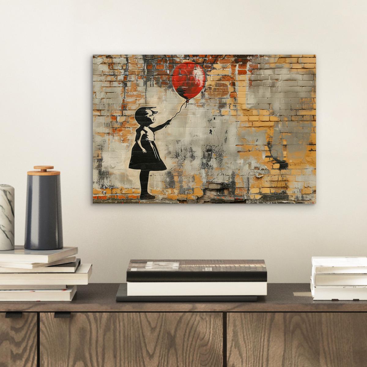 METALLBILD Graffiti - Banksy - Mädchen - Straßenkunst 30x20 cm - Sandfarben, Metall (30/20cm) - MuchoWow