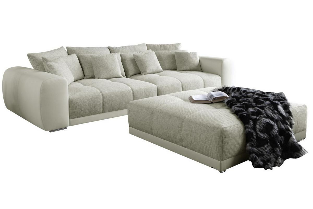 BIG-SOFA Federkern B306/T134/H86 cm, Liegefläche 120x240 cm, Korpus Kunstleder Weiß+Bezug Web-Strukturstoff Grau Beige / 15113 - Chromfarben/Greige, Kunststoff/Textil (306/86/134cm) - luma-home