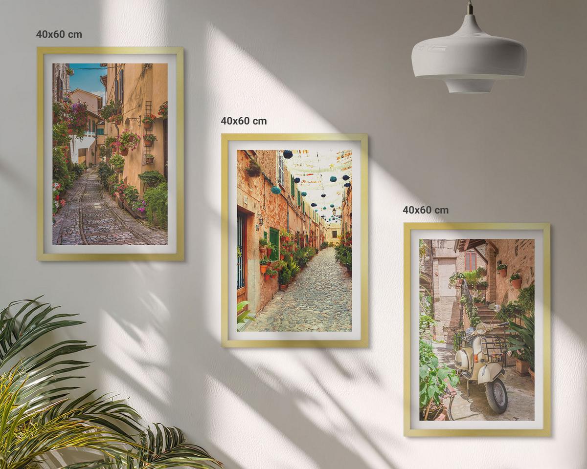 BILDER SET 3er Set - 40x60 cm Goldrahmen - Straßen, Blumen, italienisches Flair - Goldfarben, Kunststoff (40/60cm) - TULUP