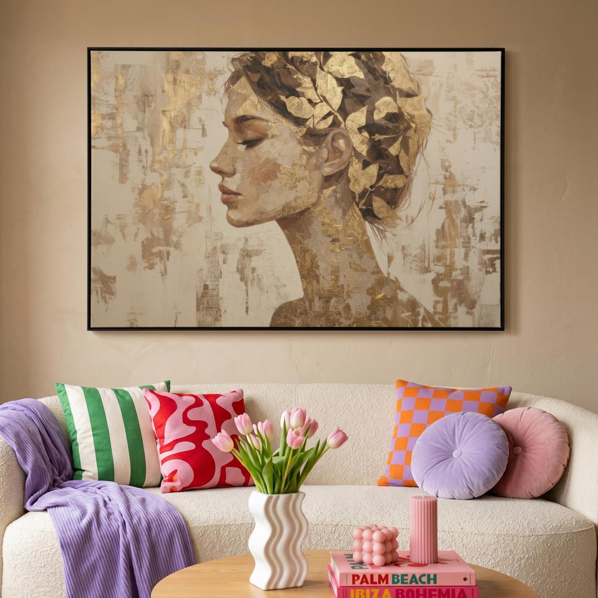 LEINWAND Bilder mit Rahmen - Frau - Gold - Abstrakt - Textur - 140x90 - Goldfarben, Textil (140/90cm) - MuchoWow
