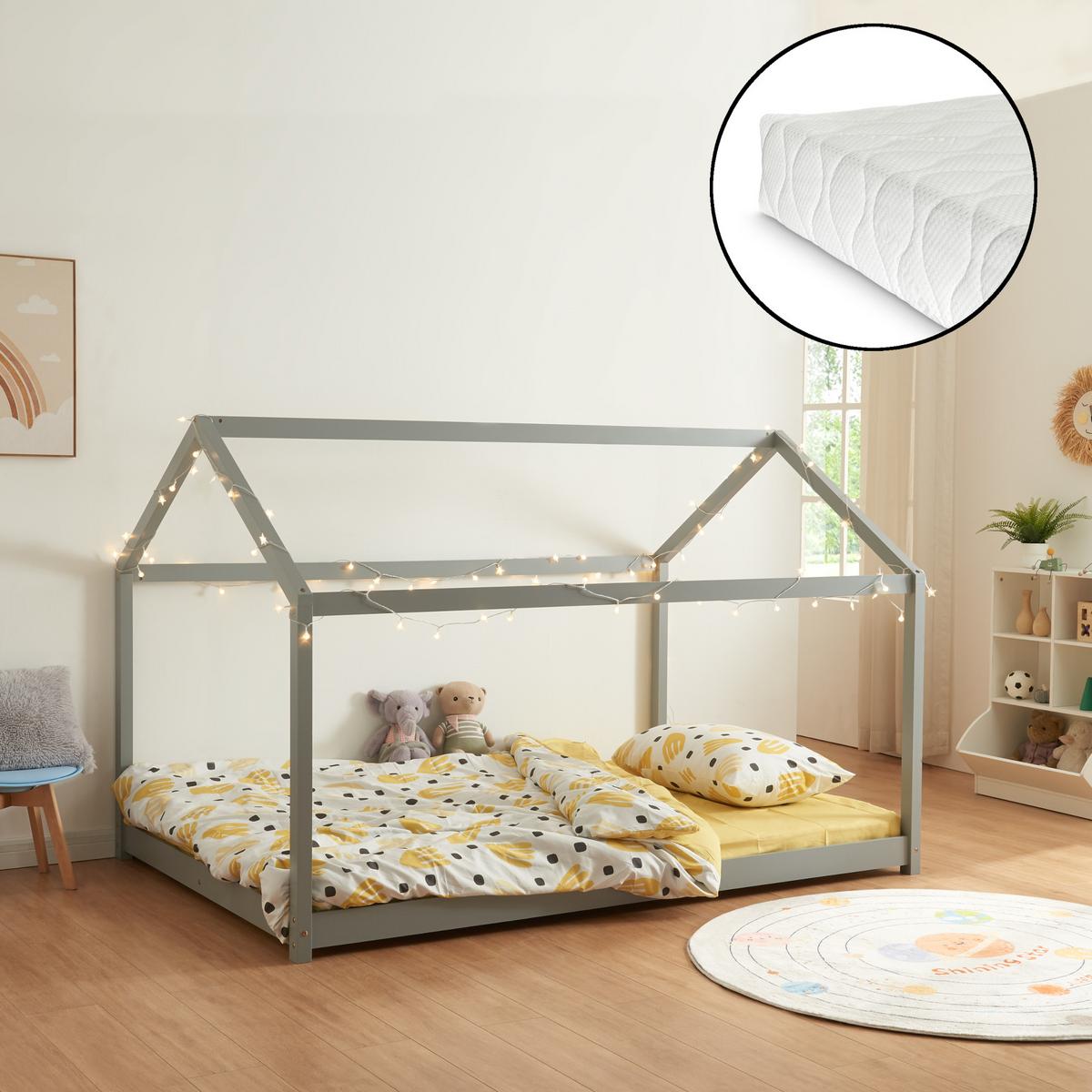 HAUSBETT Cerro mit Matratze - Grau, Holz/Textil (120/200cm) - [en.casa]