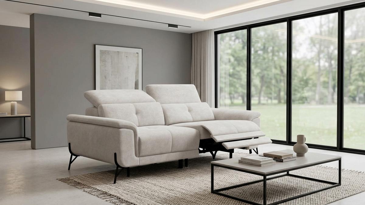 SOFA RELAX AVENA 3-Sitzer, beiger Veloursstoff - Beige/Schwarz, Holz/Textil (204/80/108cm) - Courtois Laville