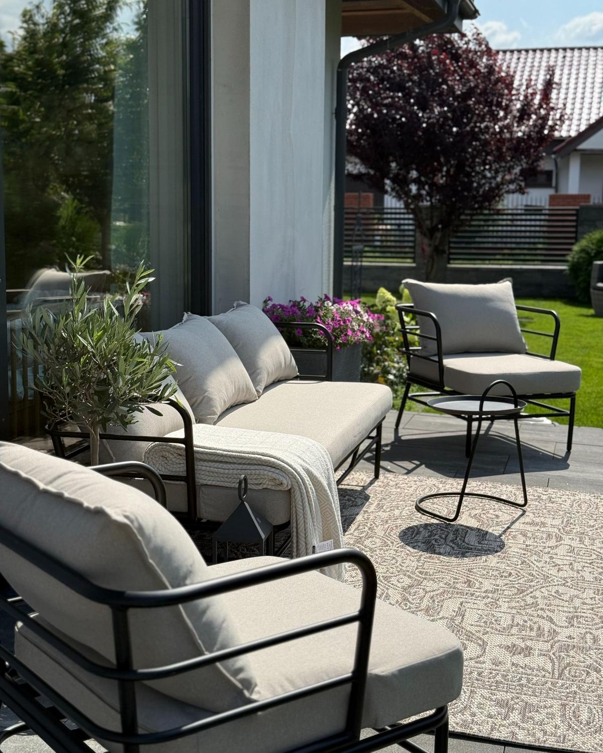 GARTENSOFA Set 5-Sitzer Metall Hellbeige Ponzone - Beige/Schwarz, Metall (196/80/79cm) - Beliani