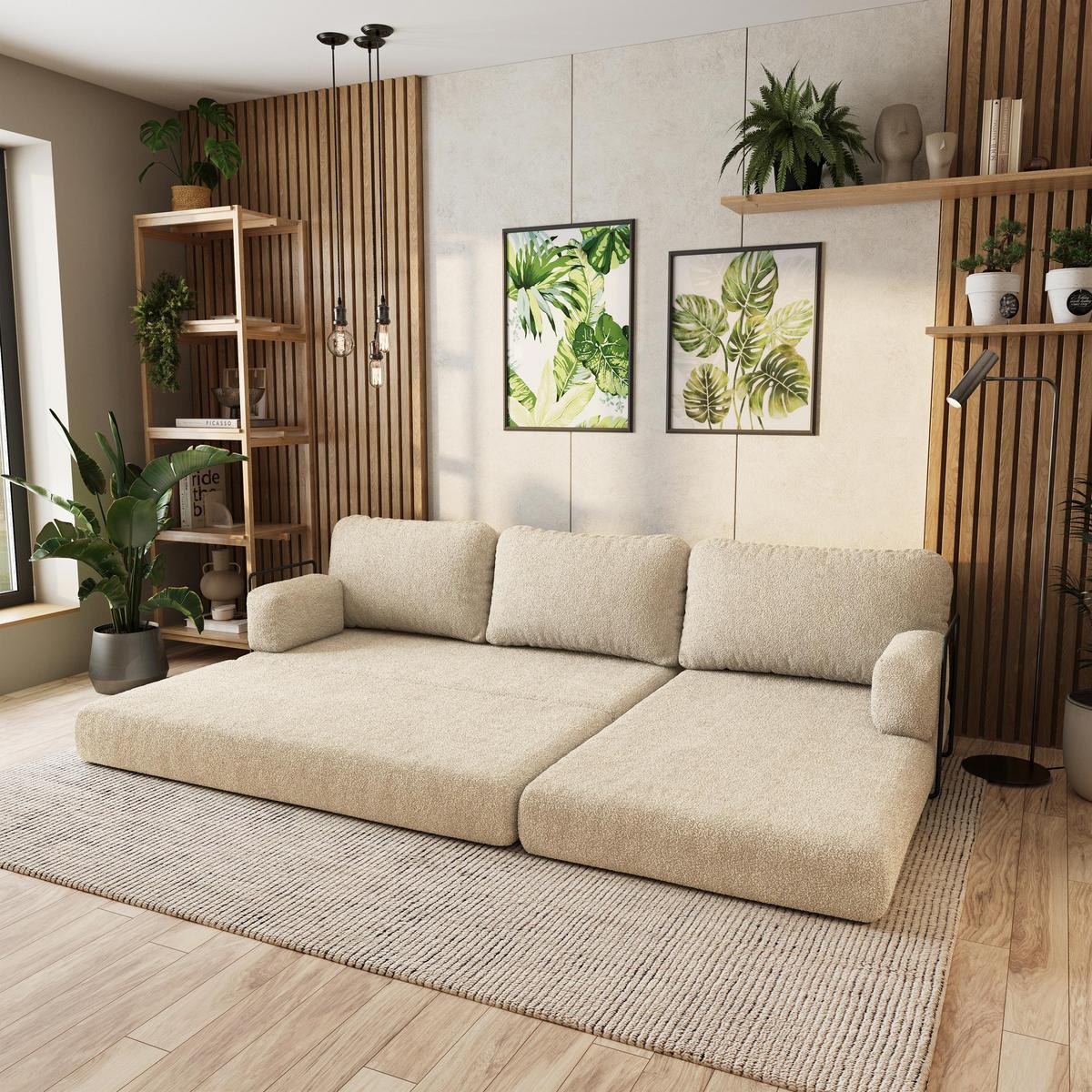 ECKSOFA LEA modulares Boneless Sofa mit Schlaffunktion Creme Boucle-Stoff - Creme, Textil (270/160cm) - MASSENO