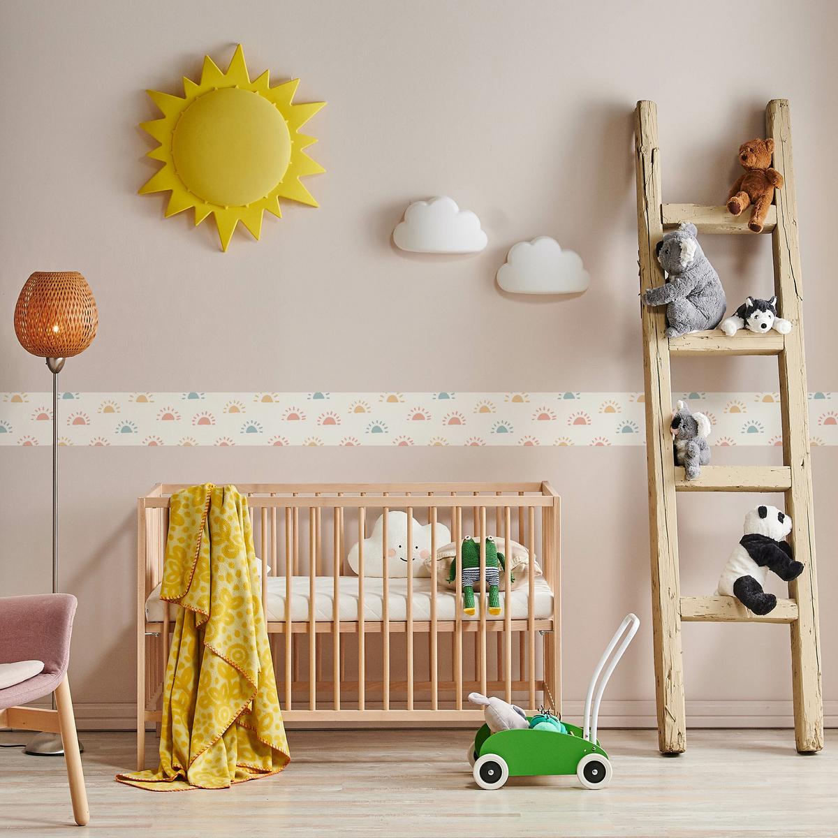 TAPETENBORDÜRE selbstklebend für Kinderzimmer bunte SONNE im Boho Stil - Blau/Weiß, Papier (10/300/300cm) - Muralo