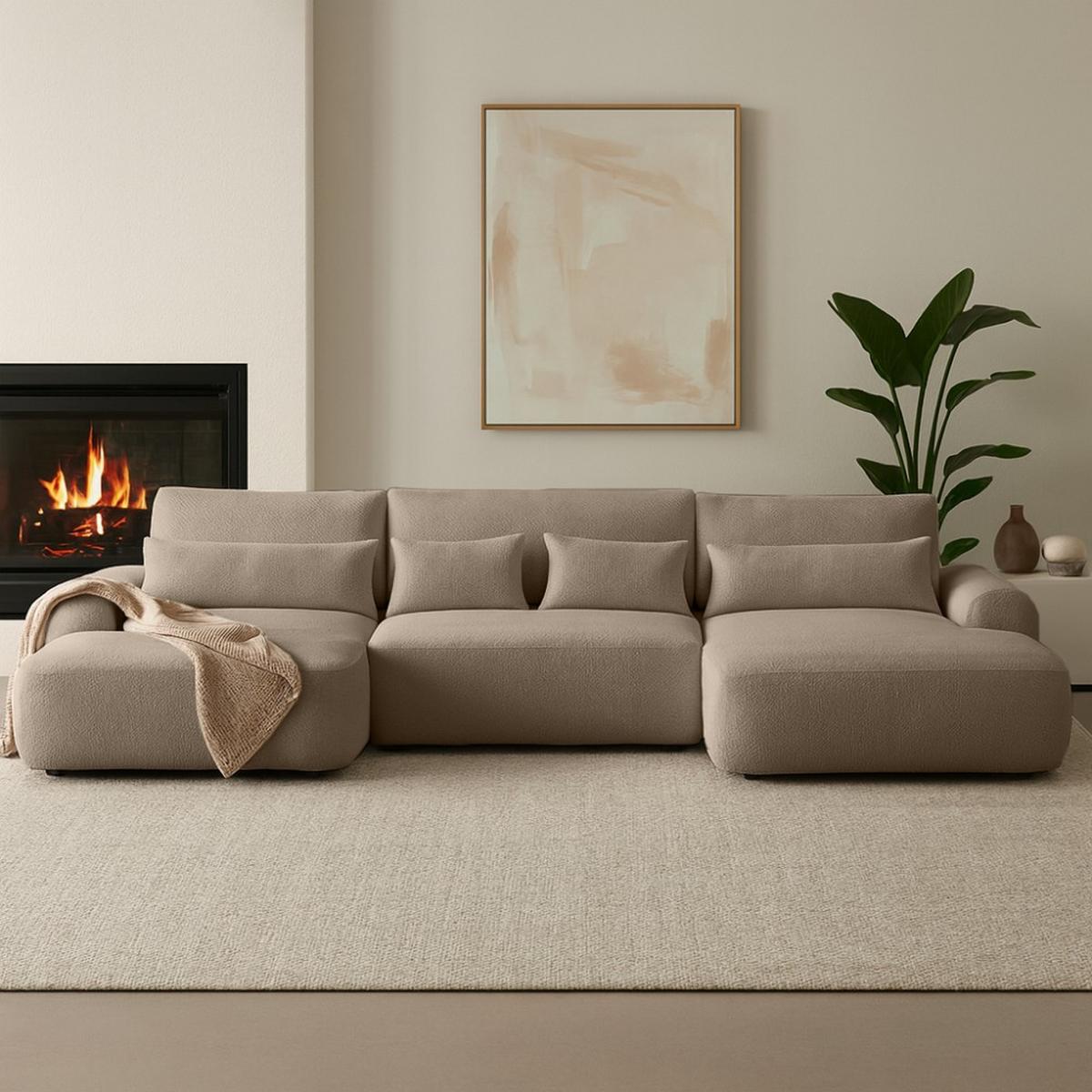 WOHNLANDSCHAFT Oliver mit Schlaffunktion, Dunkelbeige, Bouclé-Stoff - Schwarz/Cappuccino, Holzwerkstoff (355/87/160cm) - Beautysofa