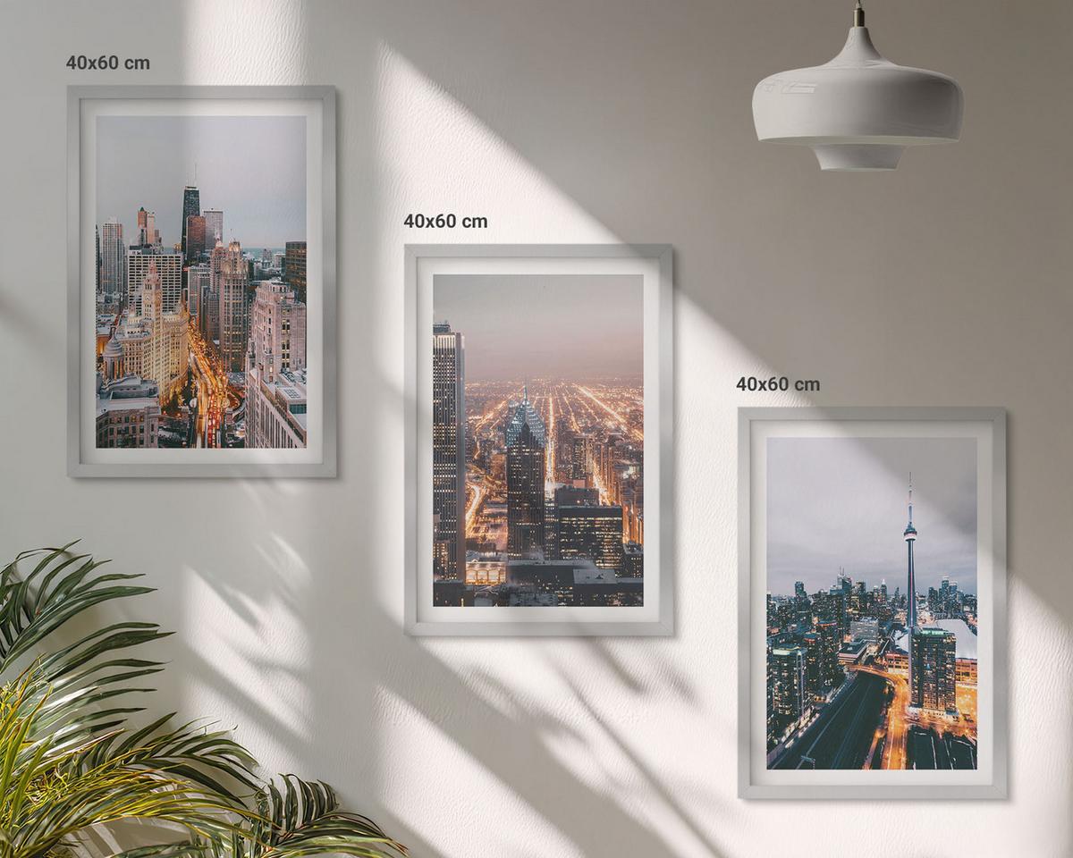 BILDER SET 3er Set - 40x60 cm Silberner Rahmen - Städte bei Nacht, Wolkenkratzer, Lichter - Silberfarben, Kunststoff (40/60cm) - TULUP