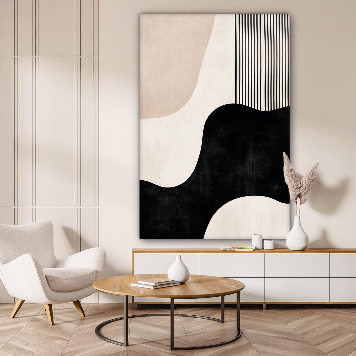 LEINWANDBILD Abstrakt - Japandi - Beige - Modern Deko Groß 90x140 cm - Schwarz, Textil (90/140cm) - MuchoWow
